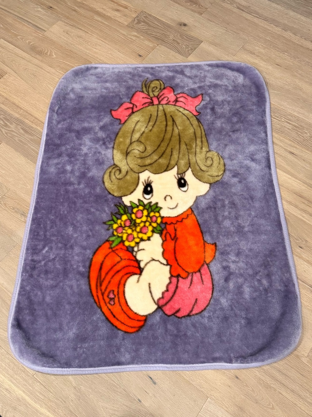 Vintage 90’s “Korean Mink” Precious Moments Blanket Girl with Flowers purple red